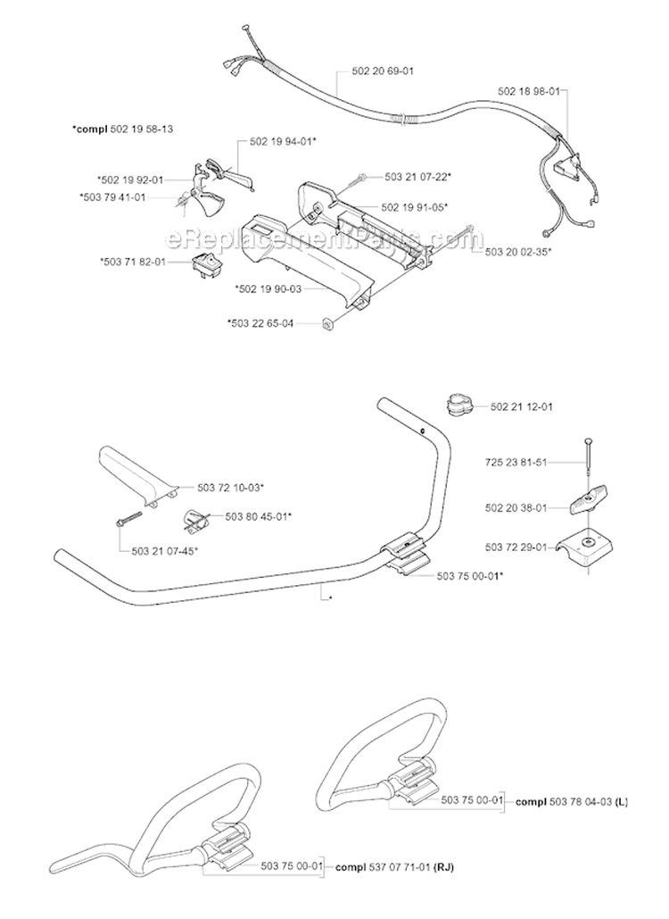 Handle  Controls Diagram and Parts List for 227R 2000-10 Husqvarna Brush Cutter