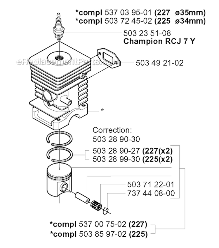 Cylinder Piston Diagram and Parts List for 227R 2000-10 Husqvarna Brush Cutter