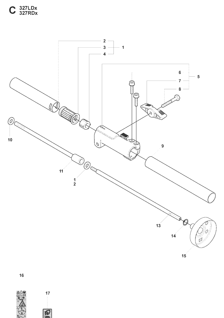 Shaft Diagram and Parts List for 327LX 20080900001-Current Husqvarna Edger