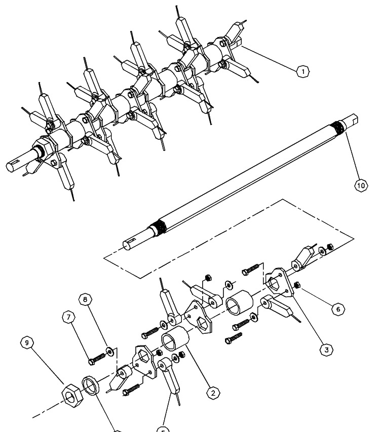 Spring Tine Shaft Assembly Diagram and Parts List for DT20A (539104746-02)(2000-05) Husqvarna Dethatcher
