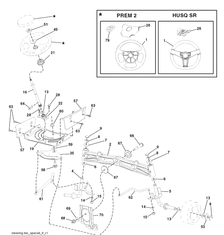 Steering Assembly Diagram and Parts List for 2042LS (96043004800)(2007-12) Husqvarna Lawn Mower