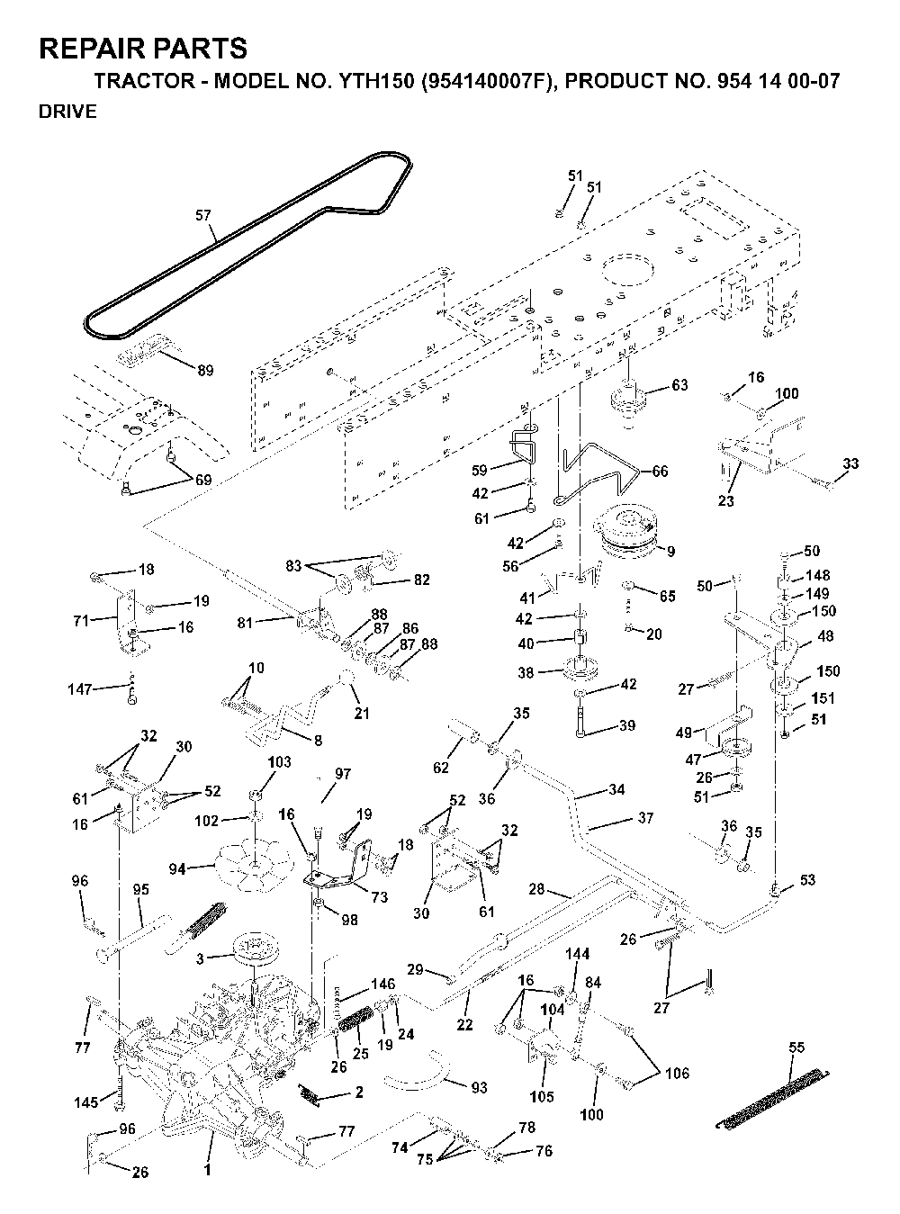 Drive Diagram and Parts List for YTH150 (954140007F, 954140007)(1998-07) Husqvarna Lawn Tractor