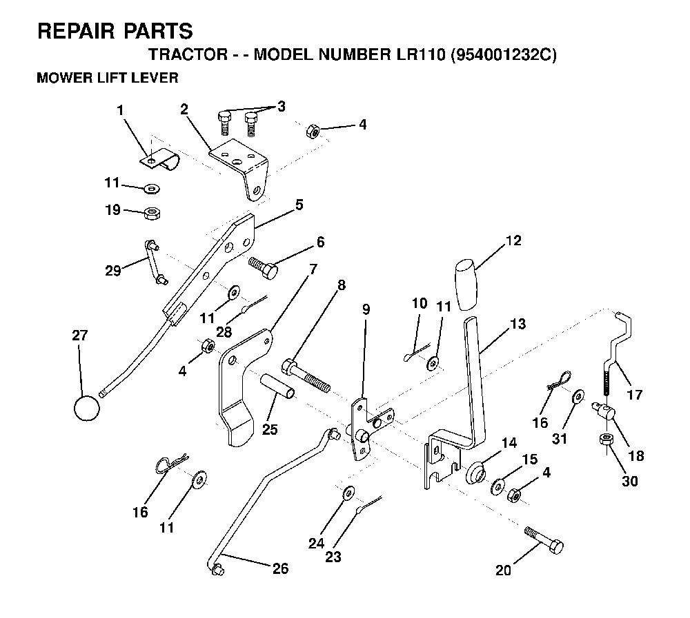 Mower Lift Lever Diagram and Parts List for LR110 (954001232C)(1995-08) Husqvarna Lawn Tractor