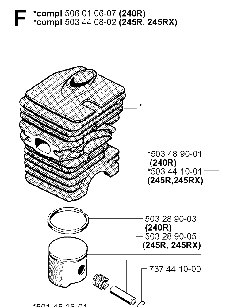 Cylinder Piston Diagram and Parts List for 245 20010100001-Current Husqvarna Brush Cutter