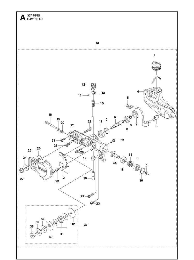 Saw Head Diagram and Parts List for 327PT5S 20120100001-Current Husqvarna Pole Saw