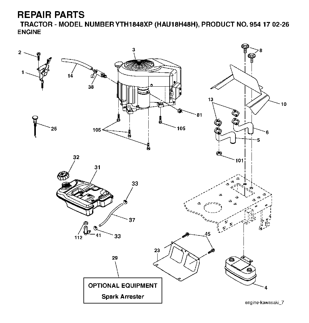Engine Diagram and Parts List for YTH1848XP (HAU18H48H, 954170226)(2004-09) Husqvarna Lawn Tractor