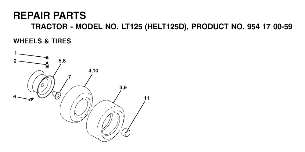 Wheels And Tires Diagram and Parts List for LT125 (954170059-D)(2002-06) Husqvarna Lawn Tractor