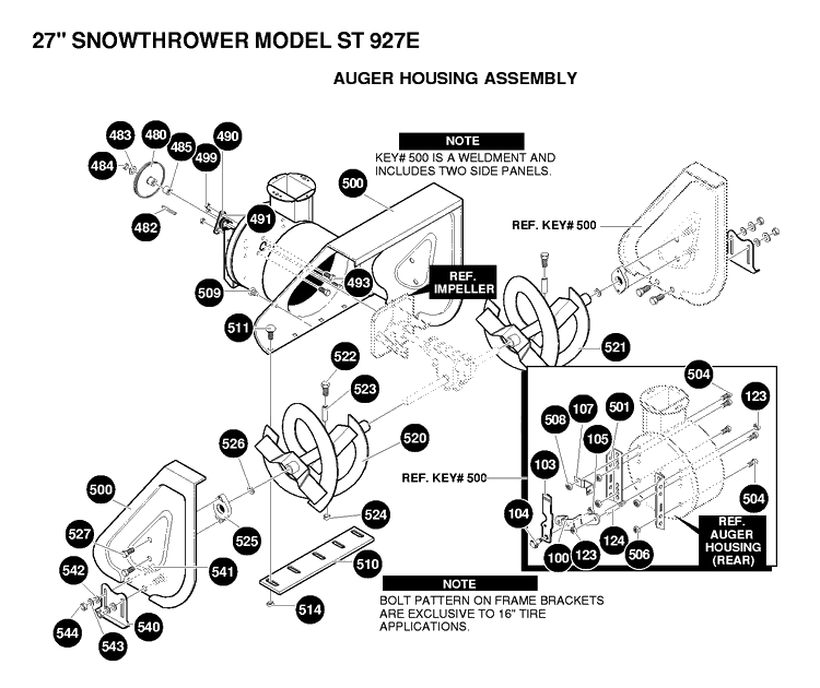 Auger Housing And Impeller Diagram and Parts List for ST927E 1997-01 Husqvarna Snow Blower