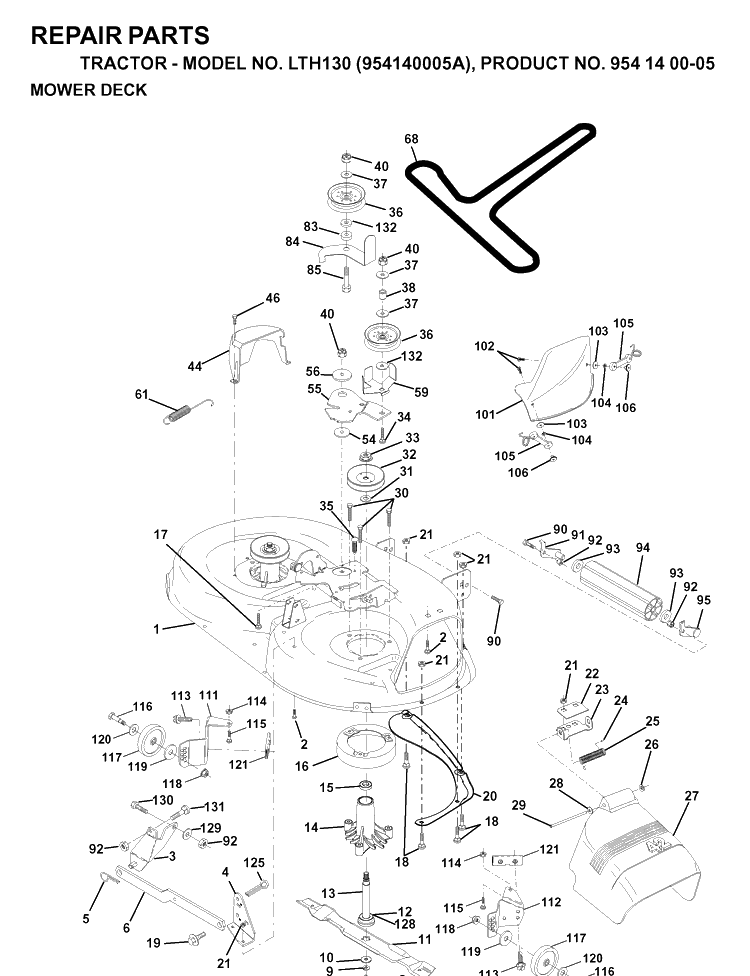 Mower Deck / Cutting Deck Diagram and Parts List for LTH130 (954140005A)(1997-01) Husqvarna Lawn Tractor