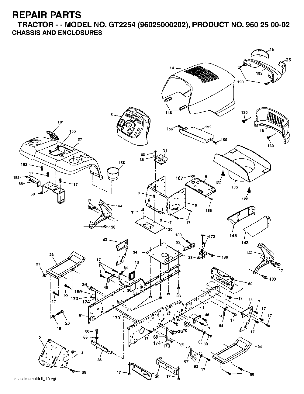 Chassis And Enclosures Diagram and Parts List for GT2254 (96025000202)(2005-06) Husqvarna Lawn Tractor