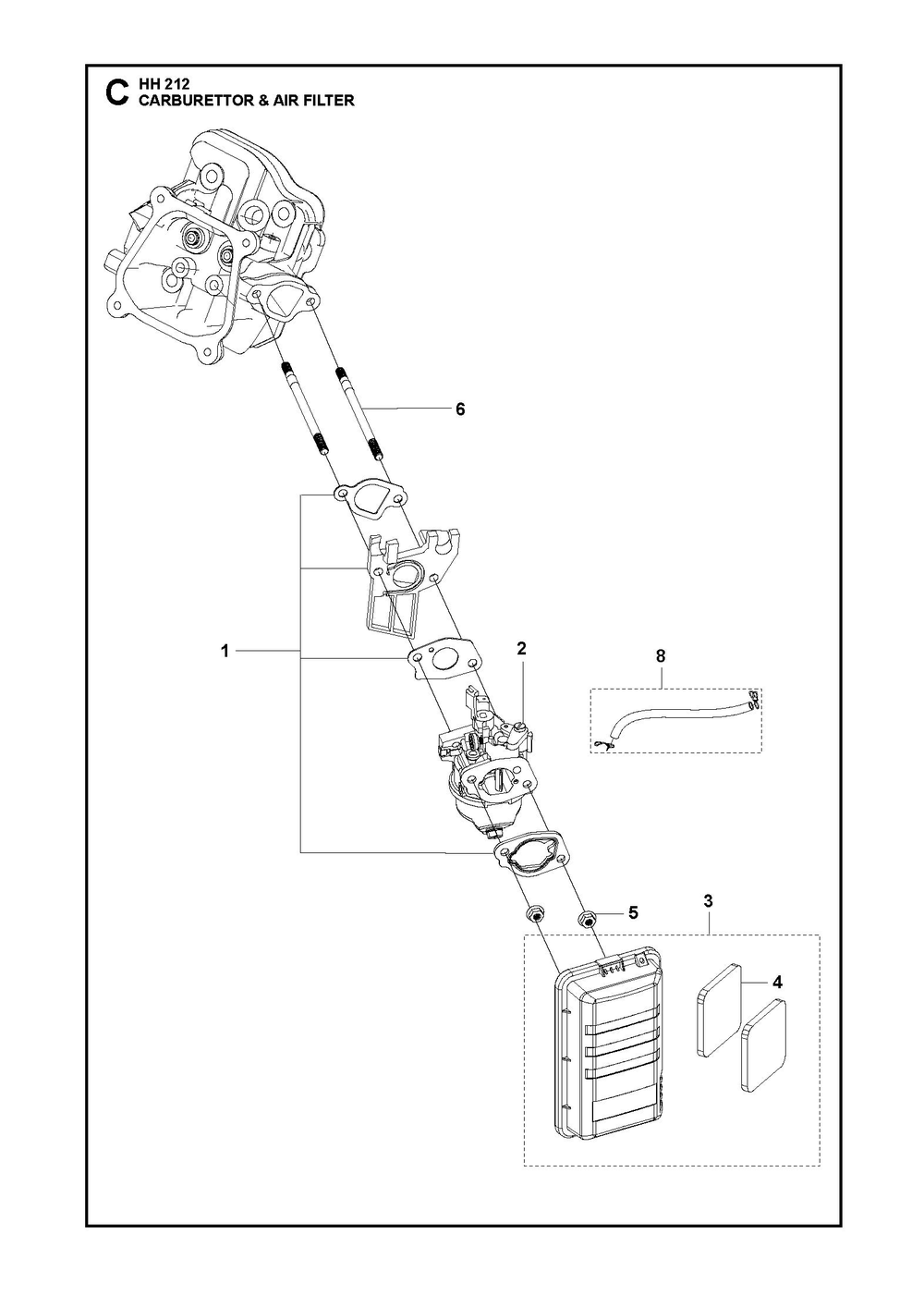 Carburetor And Air Filter Diagram and Parts List for HH212536296204 536296205, 536296206 Husqvarna Engine