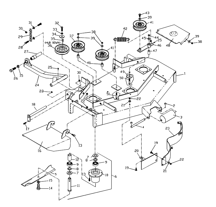 42 Inch Deck Assembly Diagram and Parts List for ZTHQL4221 2001-09 Husqvarna Lawn Mower