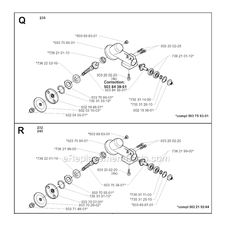 Bevel Gear Diagram and Parts List for 232RD 2000-04 Husqvarna Brush Cutter