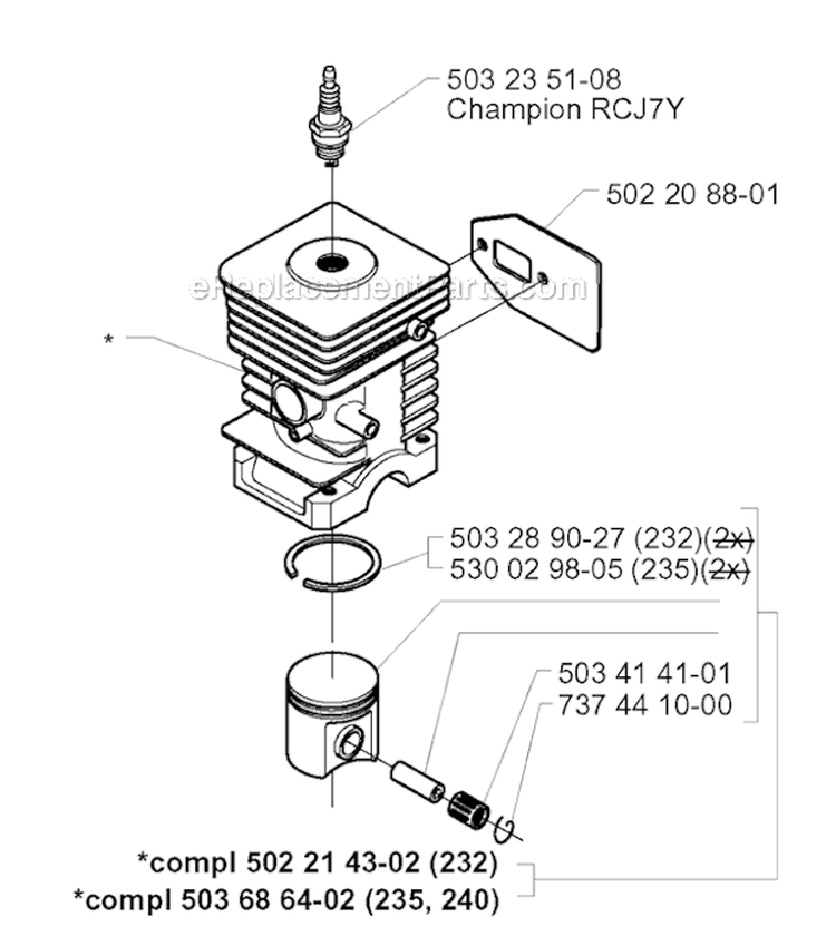 Cylinder Piston Diagram and Parts List for 232RD 2000-04 Husqvarna Brush Cutter