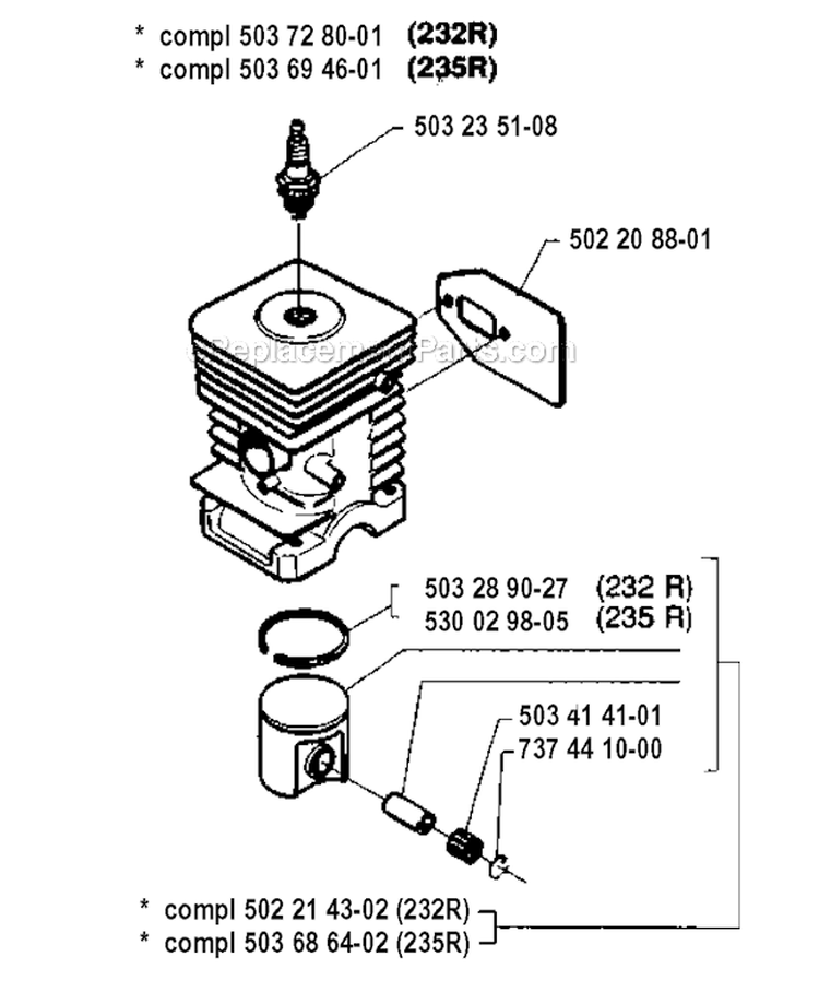 Cylinder Piston Diagram and Parts List for 232R 1994-02 Husqvarna Brush Cutter