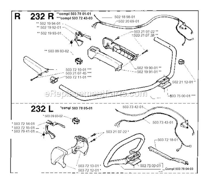 Handle  Controls Diagram and Parts List for 232R 1995-11 Husqvarna Brush Cutter