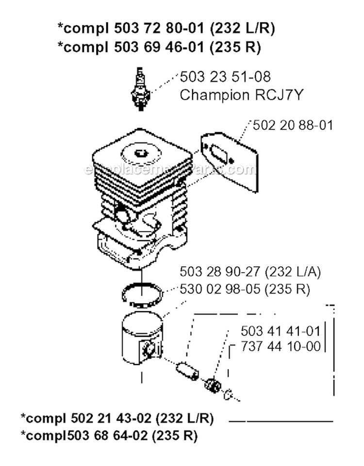 Cylinder Piston Diagram and Parts List for 232R 1995-11 Husqvarna Brush Cutter