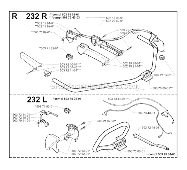 Handle  Controls Diagram and Parts List for 232R 1997-02 Husqvarna Brush Cutter