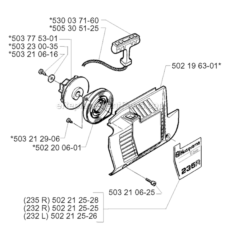 Starter Diagram and Parts List for 232R 1997-02 Husqvarna Brush Cutter