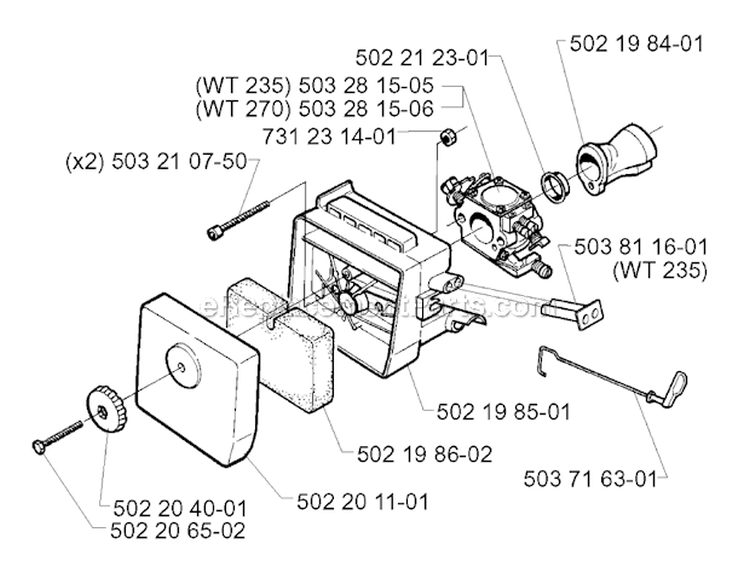 Carburetor  Air Filter Diagram and Parts List for 232R 1997-02 Husqvarna Brush Cutter