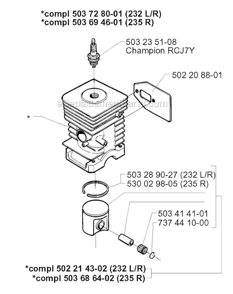 Cylinder Piston Diagram and Parts List for 232R 1997-02 Husqvarna Brush Cutter