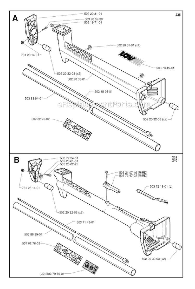 Shaft  Handle Diagram and Parts List for 232R 2000-04 Husqvarna Brush Cutter