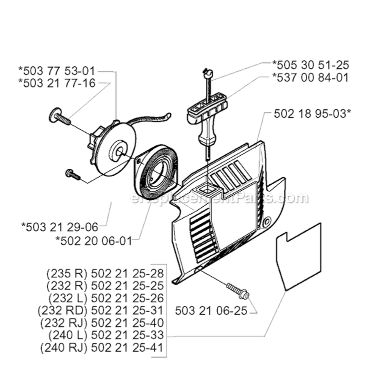 Starter Diagram and Parts List for 232R 2000-04 Husqvarna Brush Cutter