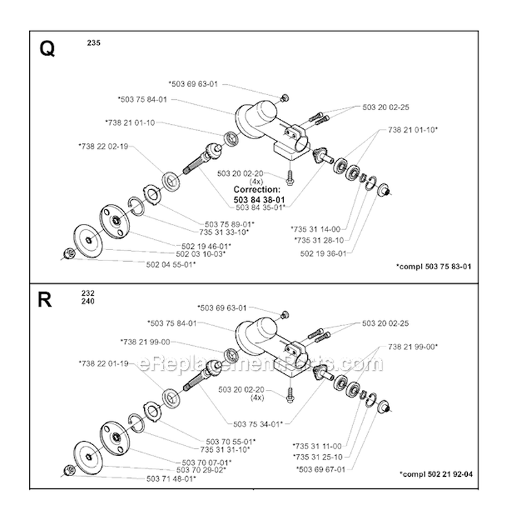 Bevel Gear Diagram and Parts List for 232R 2000-04 Husqvarna Brush Cutter