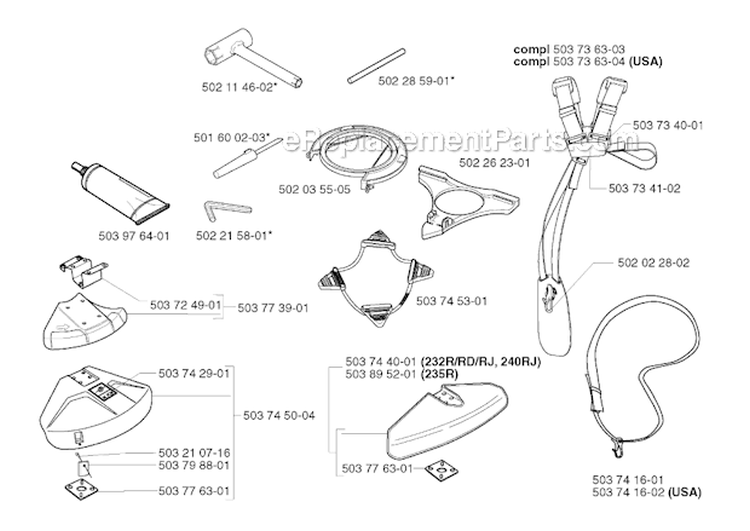 Accessories Diagram and Parts List for 232R 2002-09 Husqvarna Brush Cutter