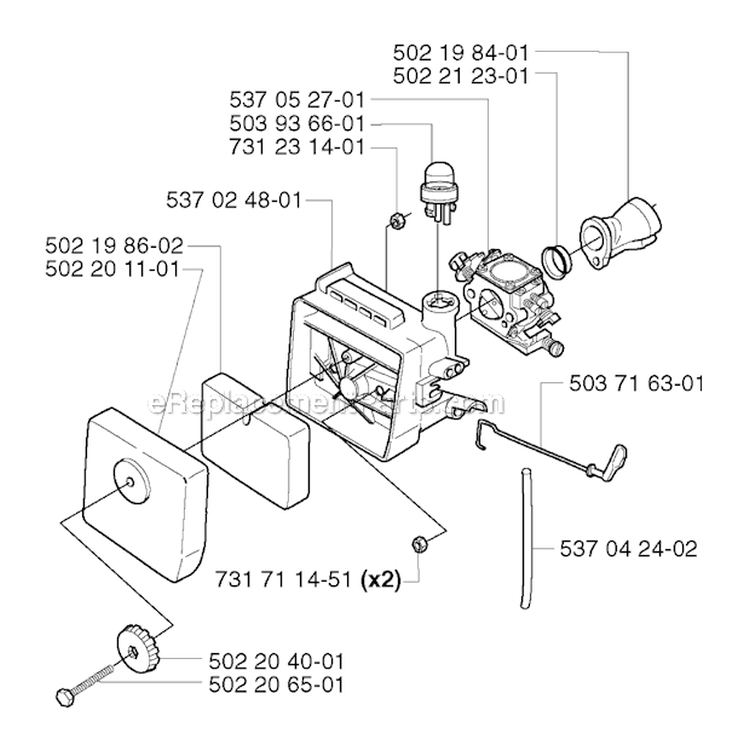 Carburetor  Air Filter Diagram and Parts List for 232R 2002-09 Husqvarna Brush Cutter