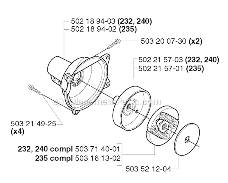 Clutch Diagram and Parts List for 232R 2002-09 Husqvarna Brush Cutter