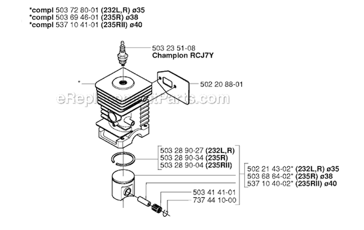 Cylinder Piston Diagram and Parts List for 232R 2006-01 Husqvarna Brush Cutter