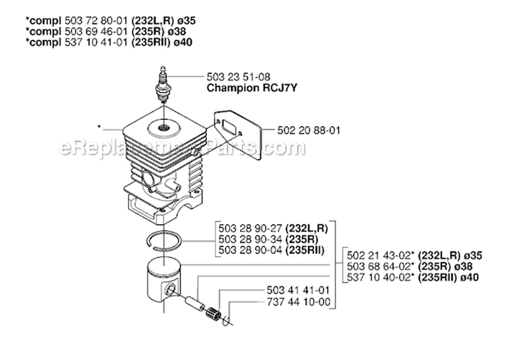 Cylinder Piston Diagram and Parts List for 232R 2006-04 Husqvarna Brush Cutter