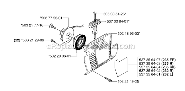 Starter Diagram and Parts List for 232R 2007-01 Husqvarna Brush Cutter