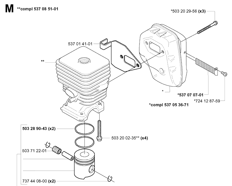 Cylinder Piston Diagram and Parts List for 326C 20010900001-20020500000 Husqvarna Edger