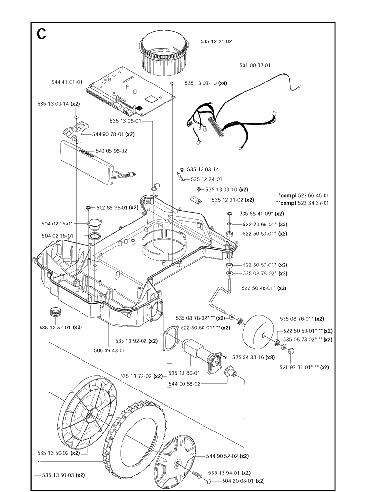 Chassis Lower Diagram and Parts List for 210C  Husqvarna Lawn Mower