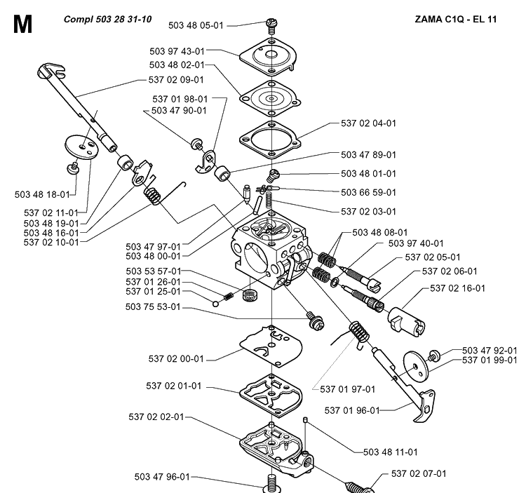 Carburetor Details Diagram and Parts List for 322L 20000100001-20020100000 Husqvarna Edger