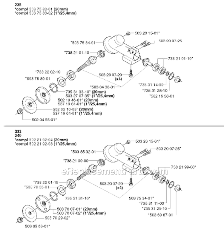 Bevel Gear Diagram and Parts List for 235RII 2002-09 Husqvarna Brush Cutter