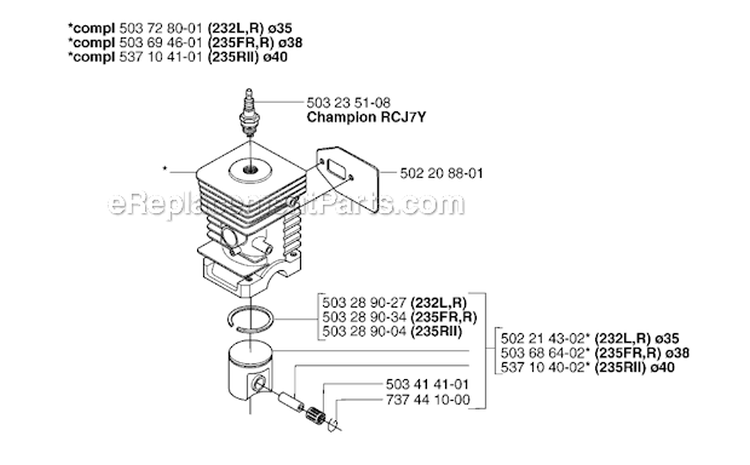 Cylinder Piston Diagram and Parts List for 235RII 2007-01 Husqvarna Brush Cutter