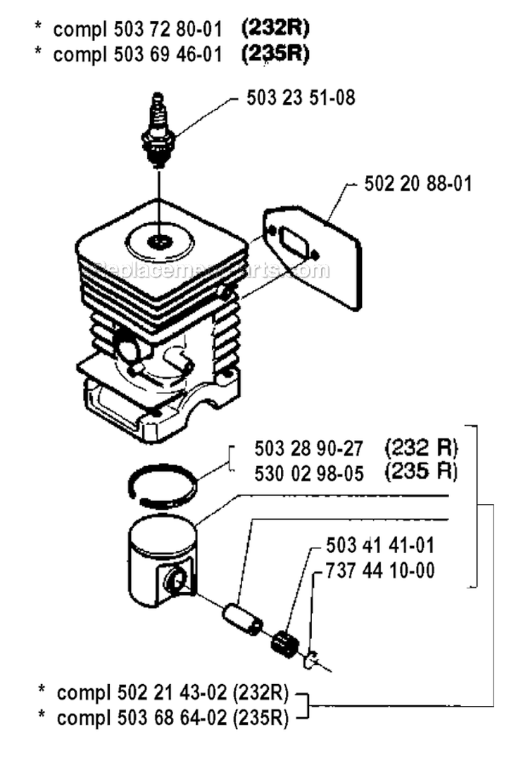 Cylinder Piston Diagram and Parts List for 235R 1994-02 Husqvarna Brush Cutter