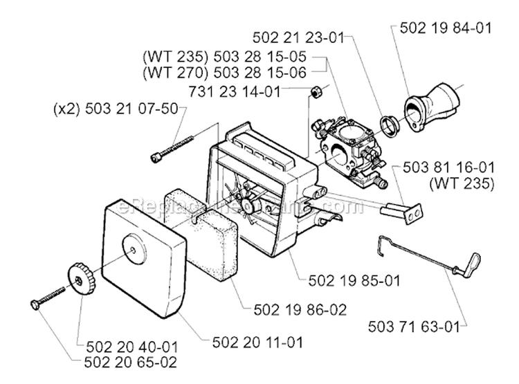 Carburetor  Air Filter Diagram and Parts List for 235R 1997-02 Husqvarna Brush Cutter