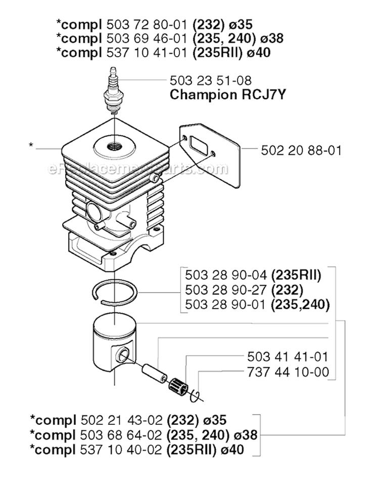 Cylinder Piston Diagram and Parts List for 235R 2002-09 Husqvarna Brush Cutter