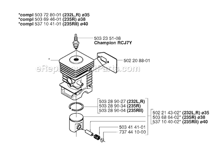 Cylinder Piston Diagram and Parts List for 235R 2006-01 Husqvarna Brush Cutter