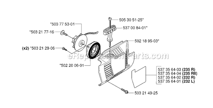Starter Diagram and Parts List for 235R 2006-04 Husqvarna Brush Cutter