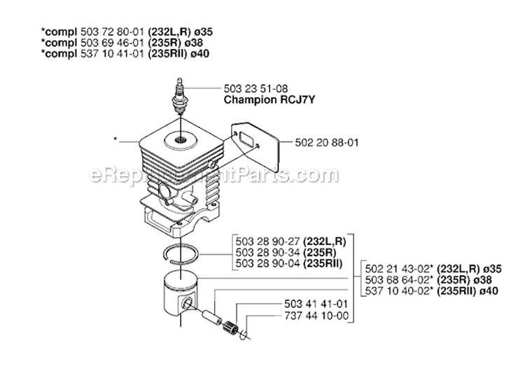 Cylinder Piston Diagram and Parts List for 235R 2006-04 Husqvarna Brush Cutter