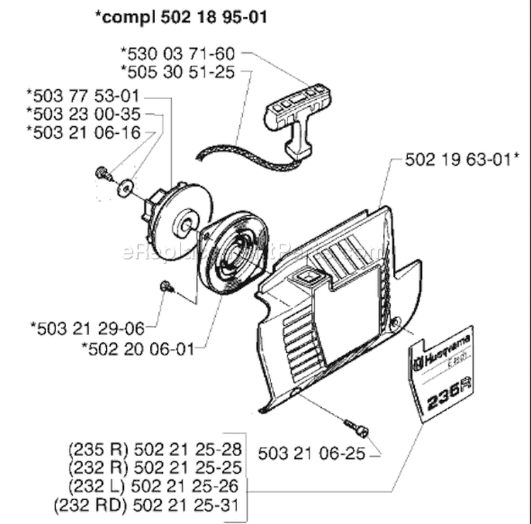 Page N Diagram and Parts List for 232RD 232 RD 1998-01 Husqvarna Trimmer