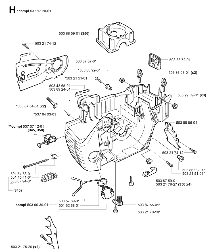 Crankcase 2 Diagram and Parts List for 345 20013500001-20030100000 Husqvarna Chainsaw