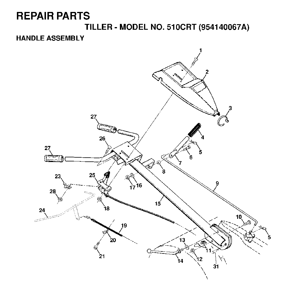 Handle And Controls Diagram and Parts List for 510CRT (954140067A)(1998-02) Husqvarna Tiller