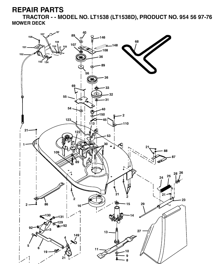 Mower Deck / Cutting Deck Diagram and Parts List for LT1538-LT1538D 2003-01 Husqvarna Lawn Tractor