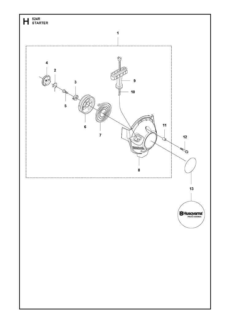 Starter Diagram and Parts List for 524R 2020-11 Husqvarna Brush Cutter